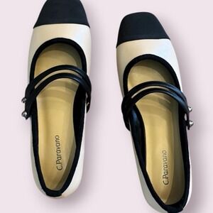 C Paravano Women's Black Cap Toe Mary Jane Flats Shoes Size 38.5 NWT